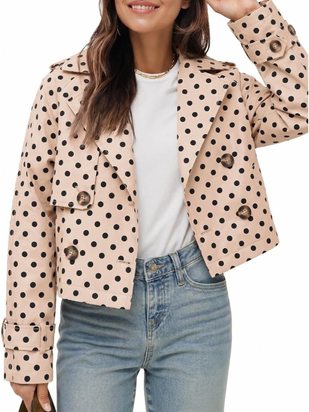 Women Cream Cropped Polka Dot Double Breasted Oversized Lapel Collar Trench Coat